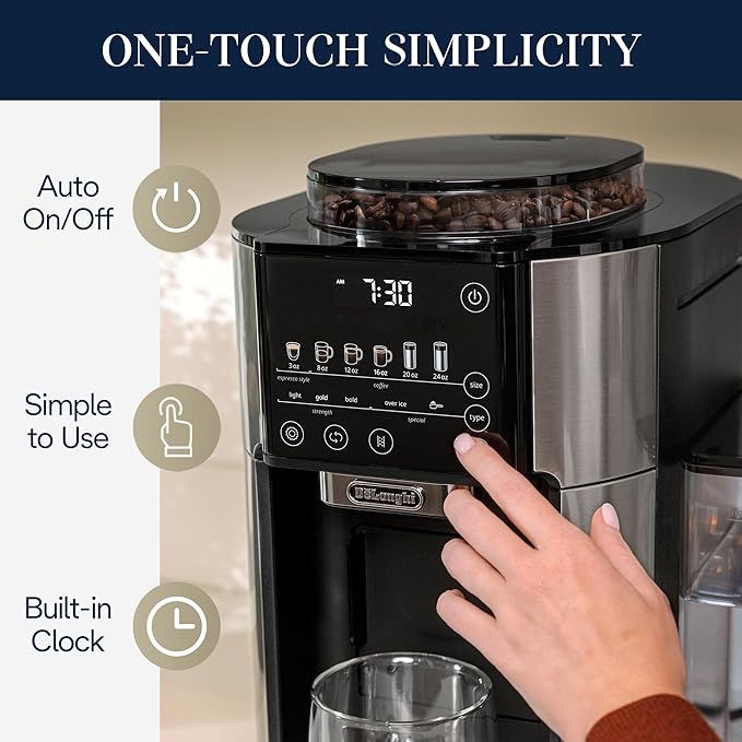 De'Longhi TrueBrew Cafetera de goteo, molinillo incorporado, porción individual, 8 oz a 24 oz con jarra de 40 oz, café caliente o helado, inoxidable, CAM51035M