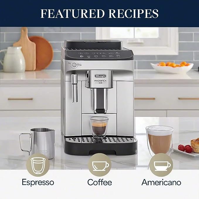 De'Longhi Magnifica Evo, Máquina totalmente automática para hacer espresso, capuchino y café helado, pantalla táctil a color, negro, plateado