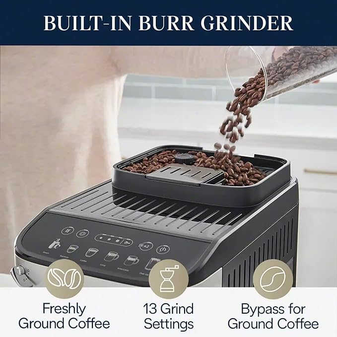 De'Longhi Magnifica Evo, Máquina totalmente automática para hacer espresso, capuchino y café helado, pantalla táctil a color, negro, plateado