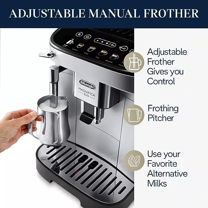 De'Longhi Magnifica Evo, Máquina totalmente automática para hacer espresso, capuchino y café helado, pantalla táctil a color, negro, plateado