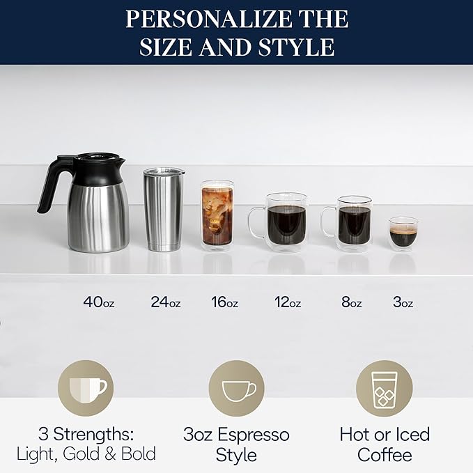 De'Longhi TrueBrew Cafetera de goteo, molinillo incorporado, porción individual, 8 oz a 24 oz con jarra de 40 oz, café caliente o helado, inoxidable, CAM51035M