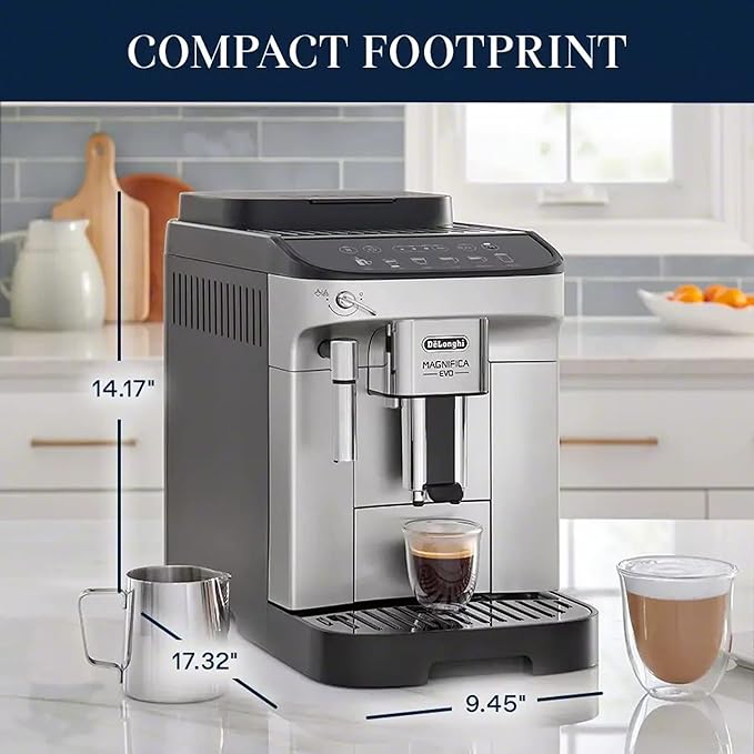 De'Longhi Magnifica Evo, Máquina totalmente automática para hacer espresso, capuchino y café helado, pantalla táctil a color, negro, plateado