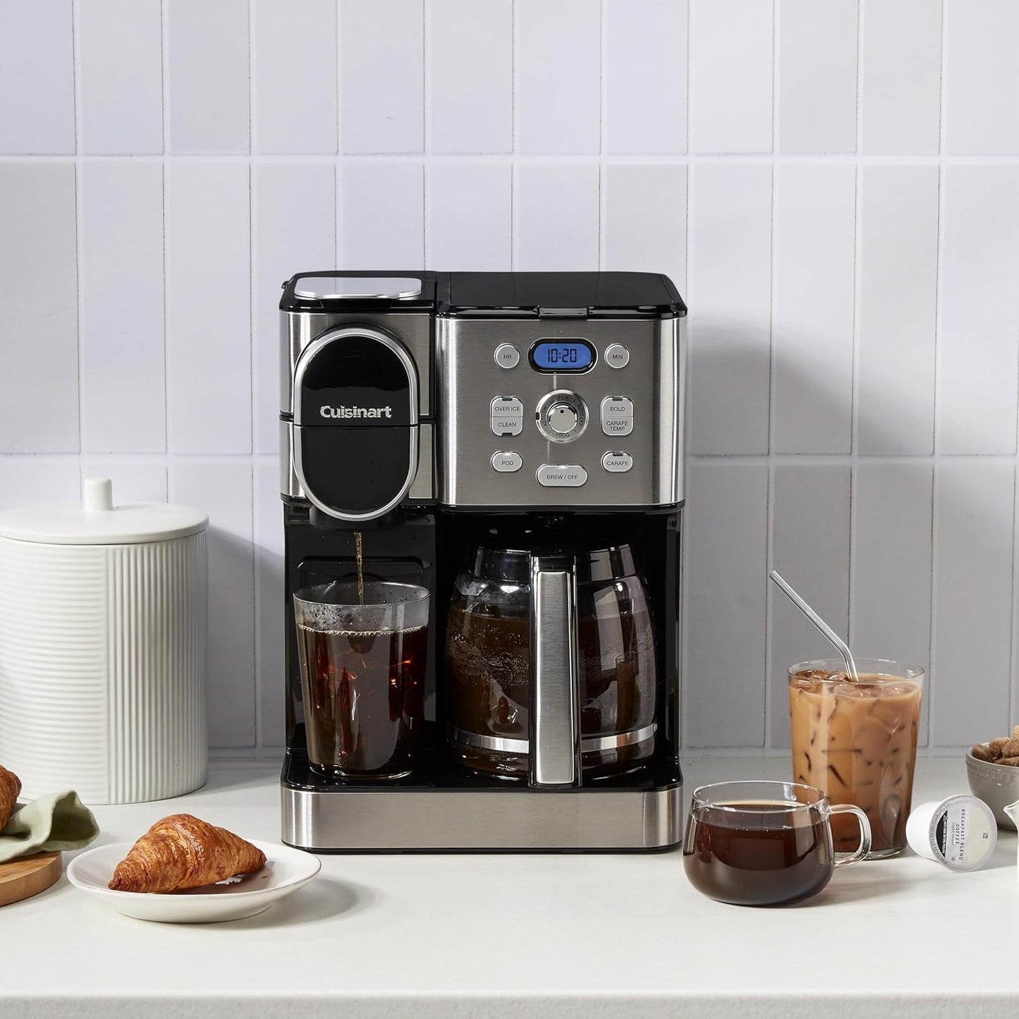 Cafetera Cuisinart, jarra de vidrio para 12 tazas, cafetera automática caliente y helada, cafetera de un solo servidor, acero inoxidable