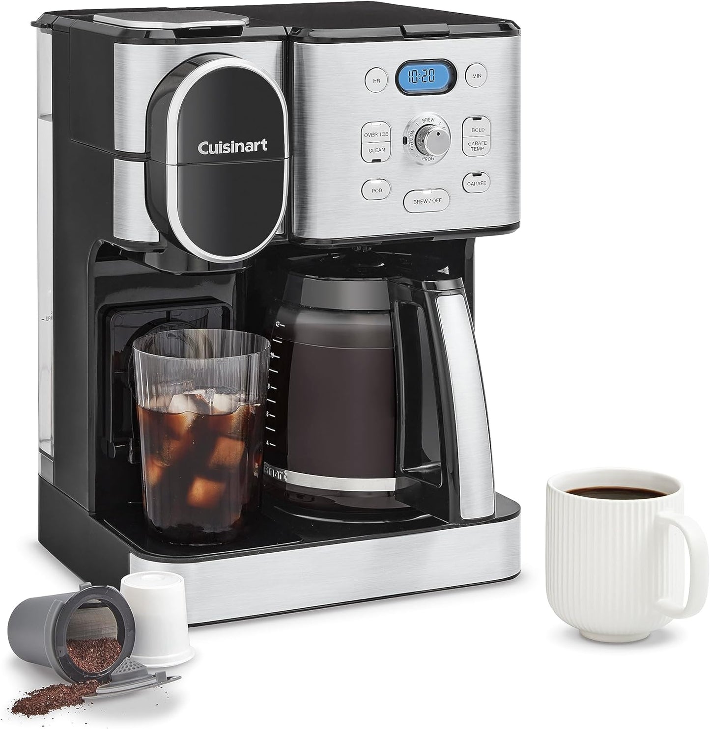 Cafetera Cuisinart, jarra de vidrio para 12 tazas, cafetera automática caliente y helada, cafetera de un solo servidor, acero inoxidable