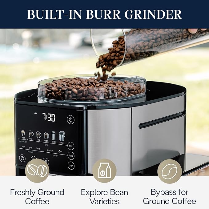 De'Longhi TrueBrew Cafetera de goteo, molinillo incorporado, porción individual, 8 oz a 24 oz con jarra de 40 oz, café caliente o helado, inoxidable, CAM51035M