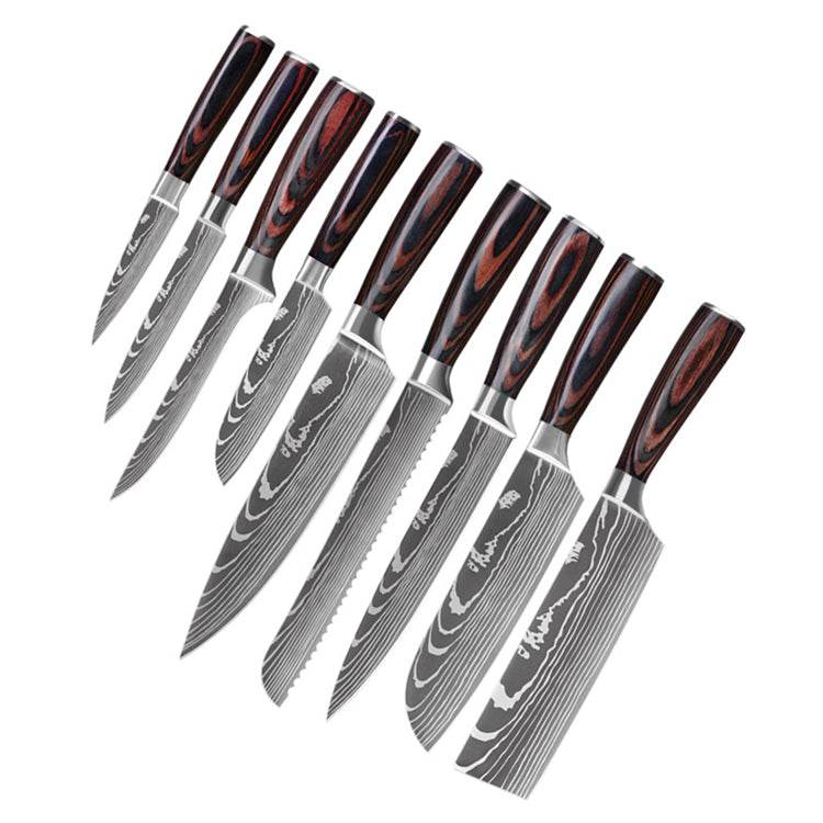 Juego de cuchillos de cocina Damasco de 10 piezas con bloque de madera - Juego de cuchillos de chef de lujo con cuchillas afiladas - Juego de cubiertos de cocina de acero alemán