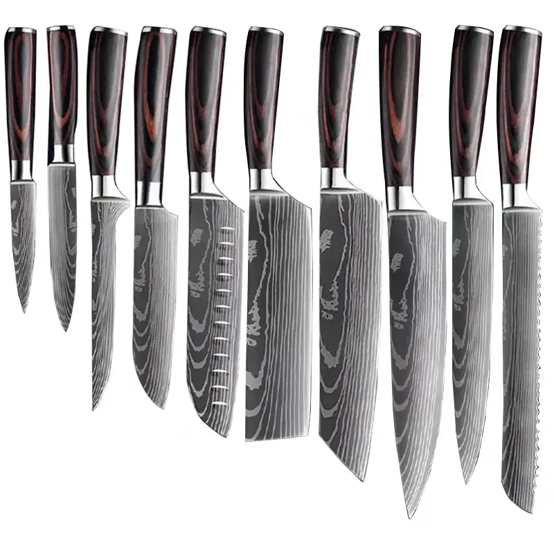 Juego de cuchillos de cocina Damasco de 10 piezas con bloque de madera - Juego de cuchillos de chef de lujo con cuchillas afiladas - Juego de cubiertos de cocina de acero alemán