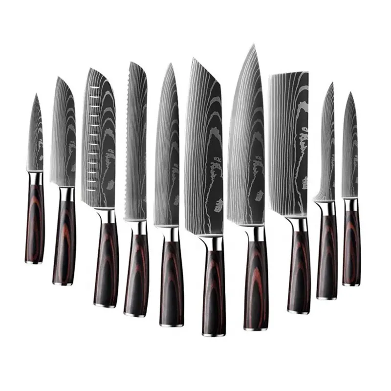 Juego de cuchillos de cocina Damasco de 10 piezas con bloque de madera - Juego de cuchillos de chef de lujo con cuchillas afiladas - Juego de cubiertos de cocina de acero alemán