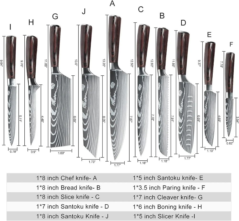 Juego de cuchillos de cocina Damasco de 10 piezas con bloque de madera - Juego de cuchillos de chef de lujo con cuchillas afiladas - Juego de cubiertos de cocina de acero alemán