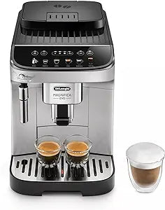 De'Longhi Magnifica Evo, Vollautomatische Kaffeemaschine für Espresso, Cappuccino und Eiskaffee, Farbiges Touch-Display, Schwarz, Silber