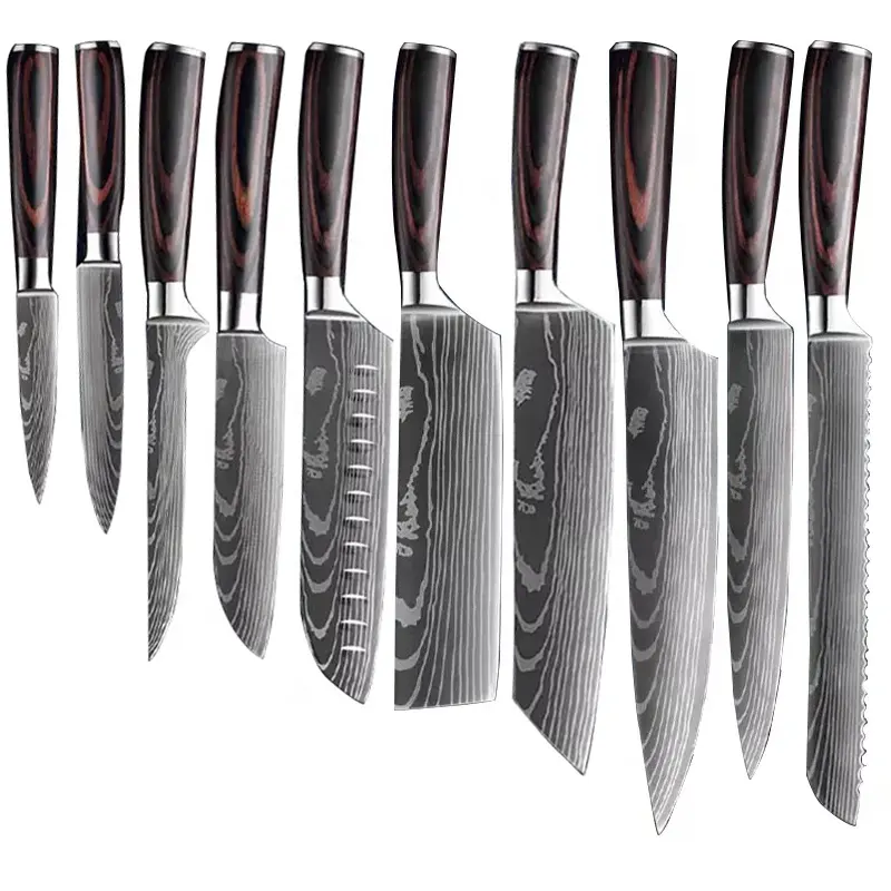 10 PCS Damascus Kitchen Knife Set With Wooden Block - Luxury Chef Knives Set With Sharp Blades - German Steel Kitchen Cutlery Set